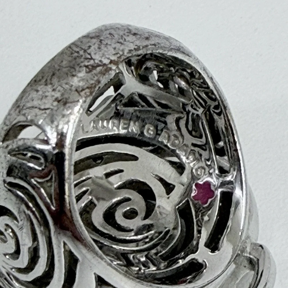 Lauren G Adams Silver Tone Metal Rose CZ Ring LGA Daisy Enamel Size 6 3/4 7
